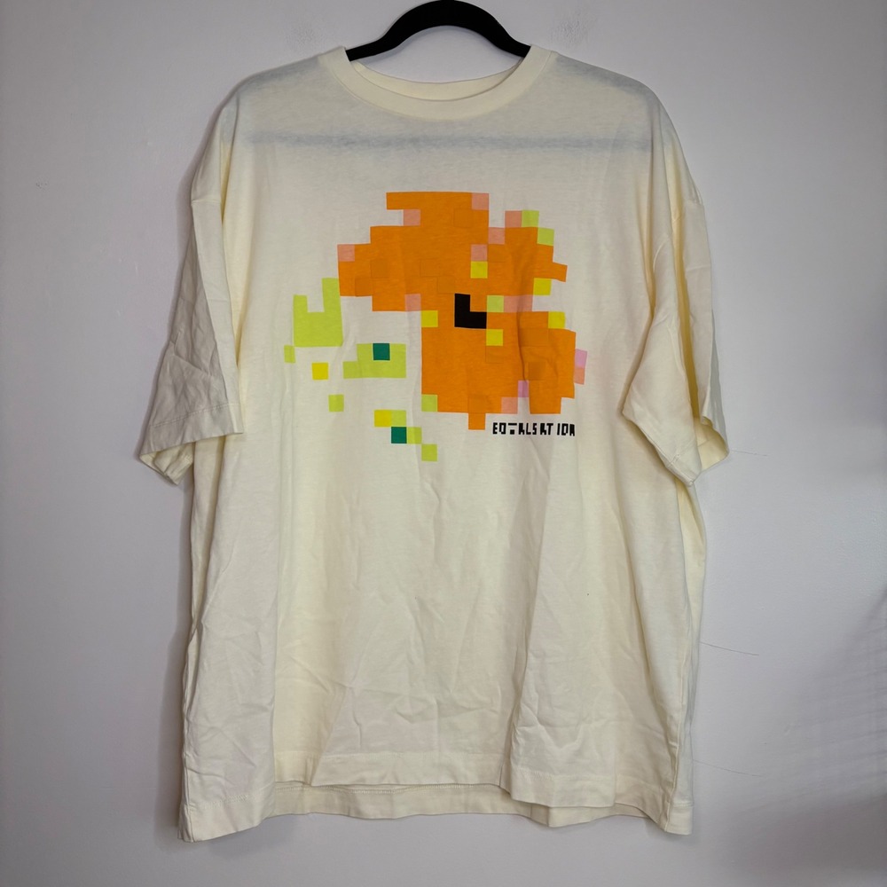 Zara‎ Menswear Pixel Art Graphic Print T-Shirt Cream Cotton Casual Top